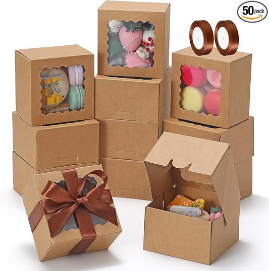 COTOPHER Auto Pop Up Cookie Box with Window 4x4x2.5 Inches – 50 Pack Brown Bakery Boxes with Ribbon for Birthday Party Favors, Wedding, Christmas Gift Packaging for Cookies, Candy, Macarons