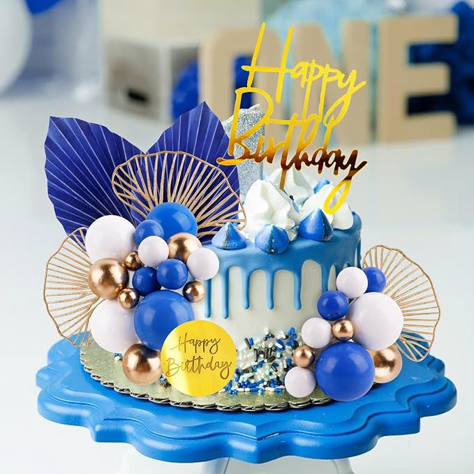 MEMOVAN Blue White Gold Ball Cake Toppers Balls Cupcake Toppers Foam Ball Shaped Cake Picks DIY Balloon Cake Insert Topper Ball Birthday Cake Decorations for Birth Boho Wedding Baby Shower Party
