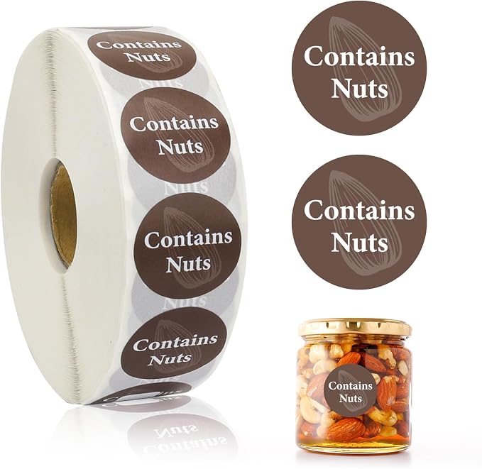 2000pcs Contains Nuts Stickers 1in Nut Allergen Warning Circle Dot Brown Tree Nut Allergy Food Rotation Advisory Label for Retail Food Packing Restaurant Cake Shop Cookie Bakery Businesses Kitchen
