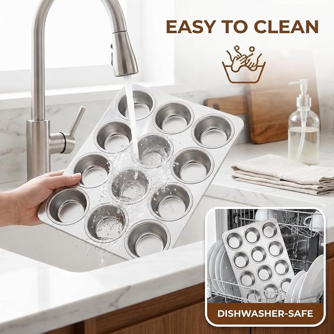 LIANYU 12 Cup Muffin Cupcake Pan for Baking, 4 Pack Stainless Steel Cup Cake Muffin Tin, Non-Toxic Muffin Cupcake Tray Pan for Oven, Metal Cupcake Mold for Mini Muffin Quiches, Dishwasher Safe