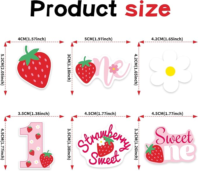 42Pcs Edible Strawberry Sweet One Cupcake Toppers Wafer Paper Birthday Strawberry Cupcake Picks for Baby Shower Kids Birthday Party Cake Decorations Supplies