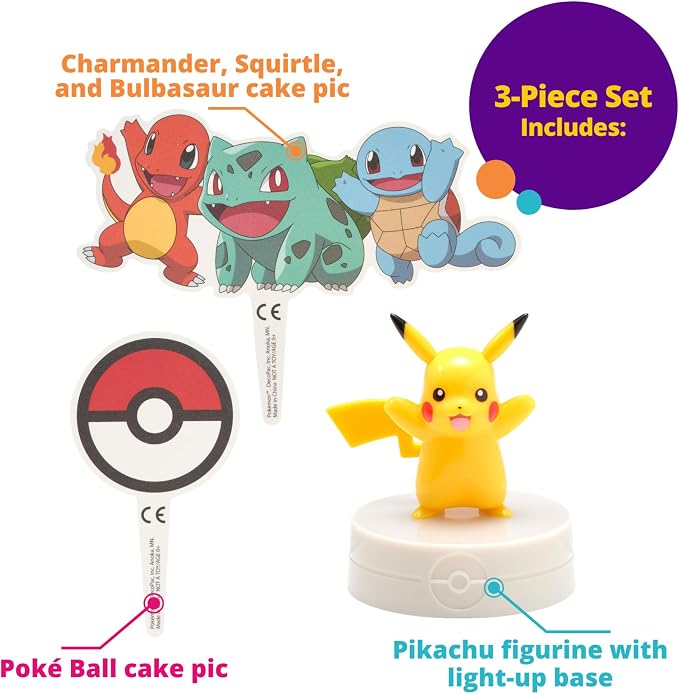DecoSet® Pokémon Light Up Pikachu Cake Topper, 3 Piece Decoration Set, Birthday Decorations For All Size and Shape Cakes | For Birthday And Celebrations