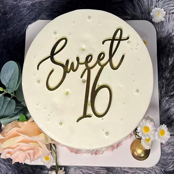 Sweet 16 Cake Topper, Gold Acrylic Finally 16 Cheers to 16 Years Cake Decoratio,16th Birthday Party Decoration,Sweet Sixteen Theme Party Decorations for Birthday Anniversary Wedding Party Cake Decor