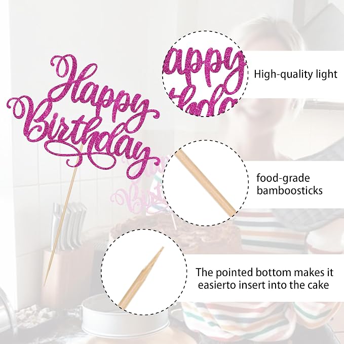 1 PCS Happy Birthday Cake Topper Glitter Happy Birthday Cake Pick for Celebrating Happy Anniversary Party Cake Decorations Supplies Rose Red