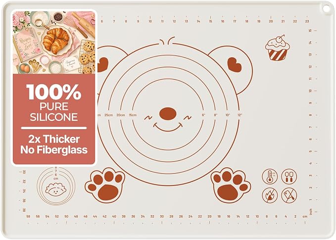 Silicone Baking Mat 28" x 20", Extra Thick Food Grade Liquid Silicone Non-Stick Dough & Pastry Rolling Mat with Measurements, Raised Edge, Reusable & Heat Resistant for Bread, Cookies, Pizza, Fondant