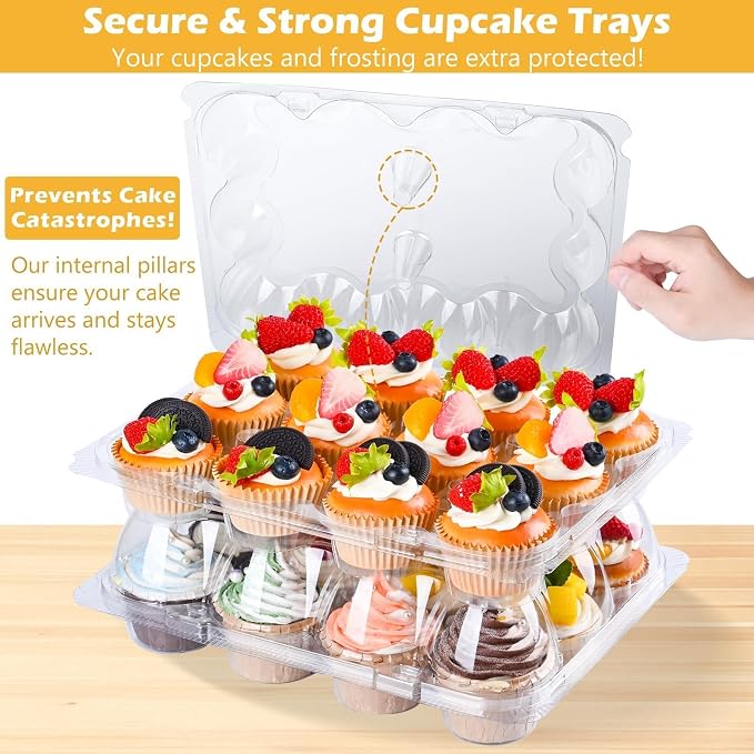 Plastic Cupcake Containers 12 Count (20 Sets), Stackable Cupcake Boxes Holders with Tall Dome Lid, Disposable Cupcake Carrier Trays Include 240 Cupcake Liners