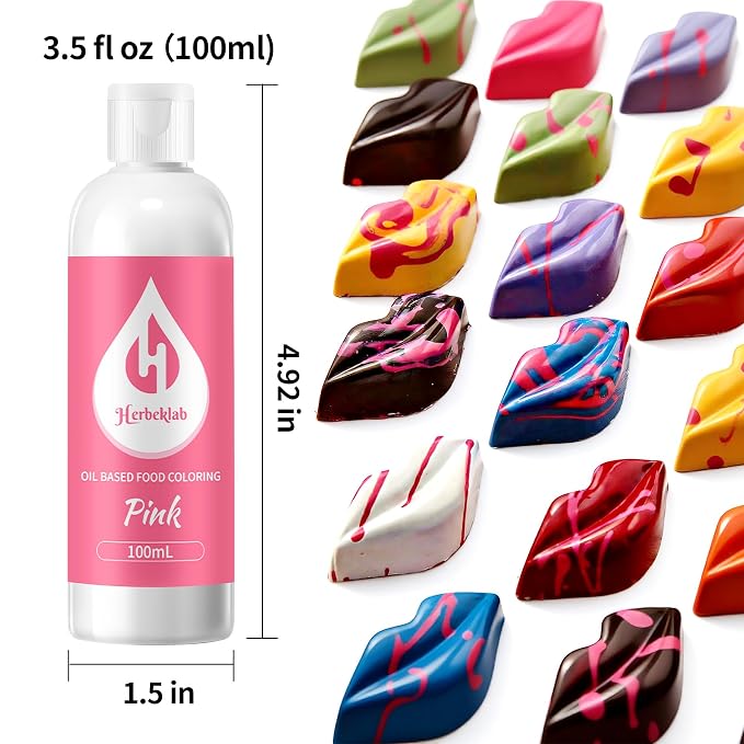 Pink Oil Based Food Coloring for Chocolate – Herbeklab 100ml Professional Concentrated Oil Food Dye for Candy Melts, Chocolate, Cake Pops, Strawberries & Baking