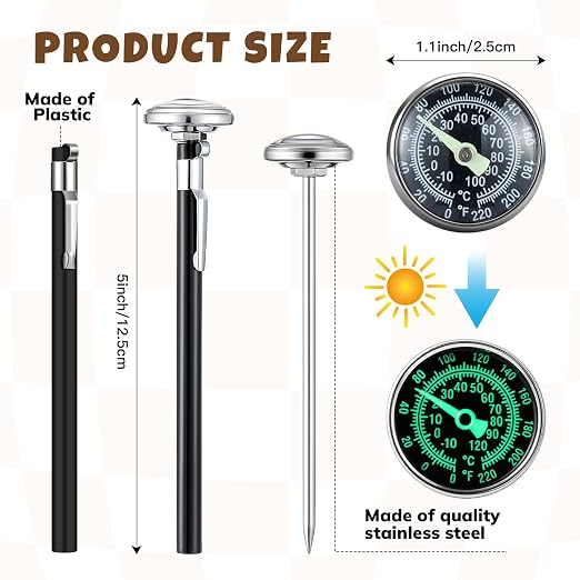 Xuhal 6 Pcs Stainless Steel Kitchen Glow Thermometer with 5 Inch Long Stem 1 Inch Dial Thermometer Milk Frothing Food for Oven Probe Meat Grill BBQ Cooking Chocolate Water(Black)