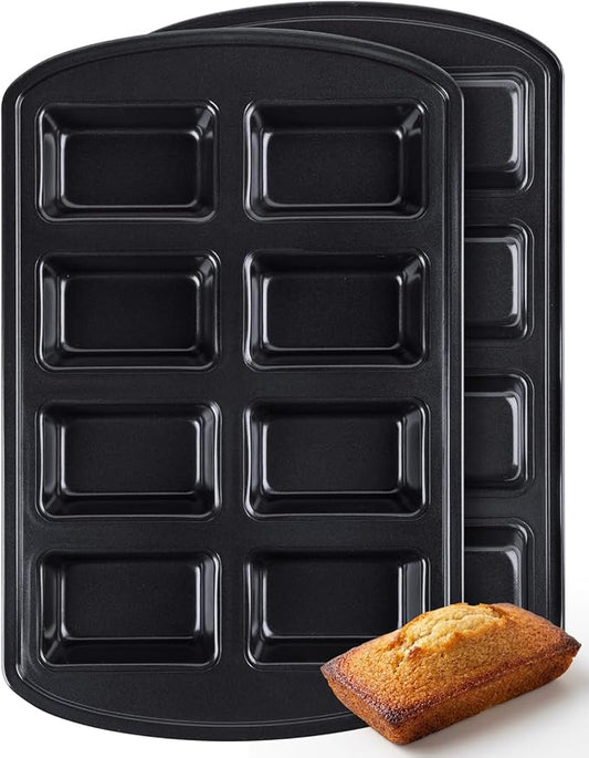 CARTMAN 2-Pack 8-Cavity Mini Loaf Pans Set with Spatula & Brush – 15.5” x 10” Nonstick Carbon Steel Small Bread Pan for Banana Bread, Meatloaf & Keto Snacks Classic Black