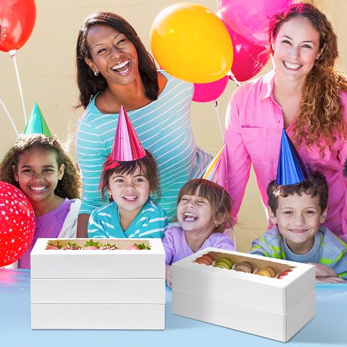 30 Pack Auto Pop-up Cookie Boxes with Window, 12.5" x 5.5" x 2.5", White | Bakery Treat Boxes, For Chocolate Covered Strawberries, Cake Pops, Donuts, Cocoa Bombs, Sugar Cookies, Pastries