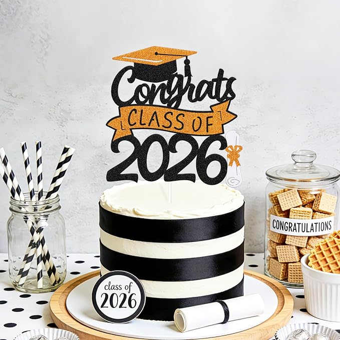 Congrats Class of 2026 Cake Topper Congrats Grad Cap Diploma Theme for High School Happy Graduation Party Supplies College Graduate Decoration (Orange)