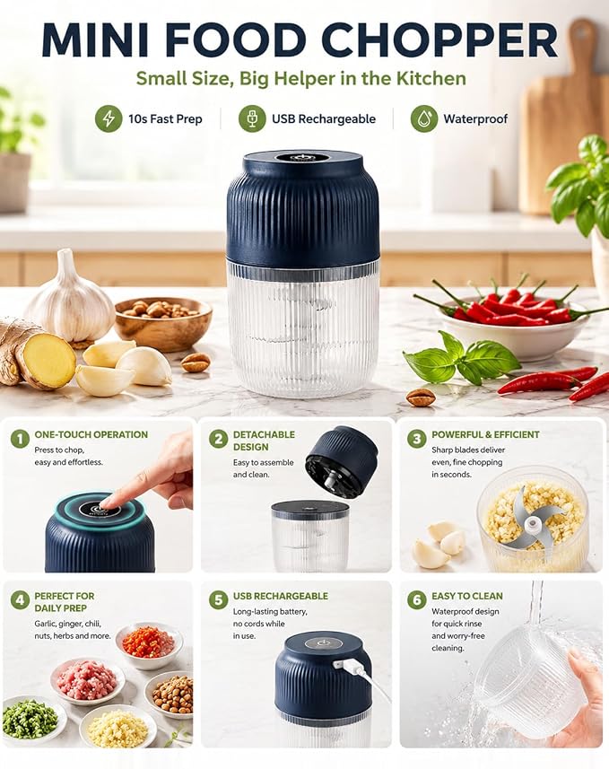 Household Electric Garlic Crusher, Mini Cordless Food Chopper，White：300ML | USB Rechargeable Vegetable Dicer for Ginger, Chili, Nuts, Waterproof & Whisper-Quiet Prep Tool