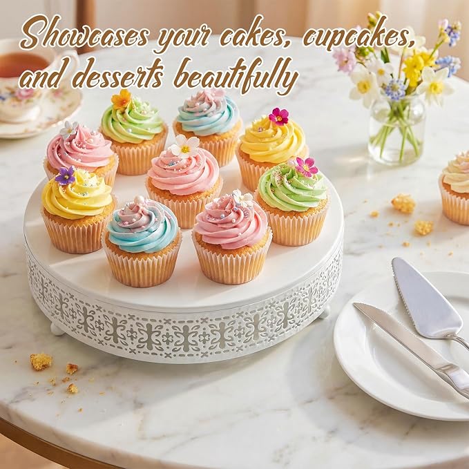 Wenqik White Cake Stand 12 Inch Metal Round Wedding Cake Stand with Cutting & Spatula Cupcake Dessert Cookies Display Holder Fruit Serving Tray for Wedding Birthday Anniversary Party