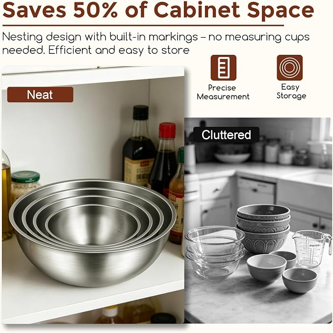 Gronivex 304 Stainless Steel Mixing Bowls, 4-Piece (1.5, 2.2, 3.4 & 4.2 Qt) | Thicker-Gauge, Food-Grade Metal, Stackable Nesting & Space-Saving – For home baking, salads, cooking, and RV or grilling use