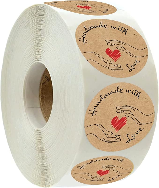 Handmade with Love Stickers Roll | 500 Count | 1.5 Inch | Adhesive Label | Baked with Love | Handmade with Love | Made with Love | Candle Packaging Labels | Homemade Soap | Jar Stickers