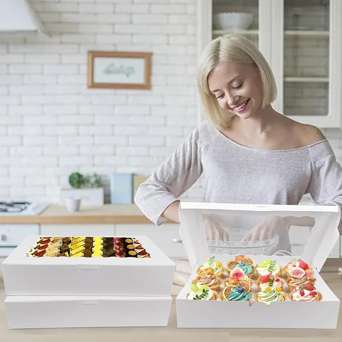 MUMULULU White Bakery Boxes with Window Cookie Boxes Treat Boxes for Desserts Cupcakes Muffins Donut Chocolate Strawberry (14PCS 12×8×2.5)