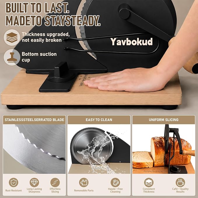 Manual Bread Slicer for Homemade Sourdough – Hand Crank Rotary Slicer | 0–0.8″ Adjustable Thickness, Stainless Steel Serrated Blade, Non-Slip Suction Cups, and Aluminum Alloy Frame