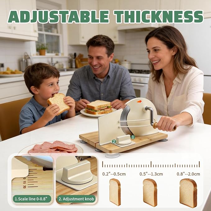 Manual Bread Slicer, Detachable Stainless Steel Blade & Folding Wood Base - Adjustable Slice Thickness 1-20mm, Suction Cup Base, Metal Guide & Rotating Handle for Sourdough, Bagels, Toast