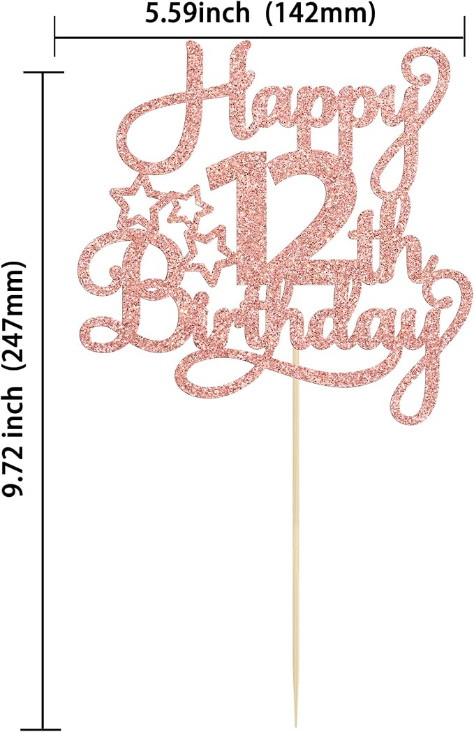 1 Pack Happy 12th Birthday Cake Topper Glitter Heart Star 12 Fabulous Cake Pick Birthday Sign Cake Decorations for Children 12th Birthday Theme Party Supplies Rose Gold