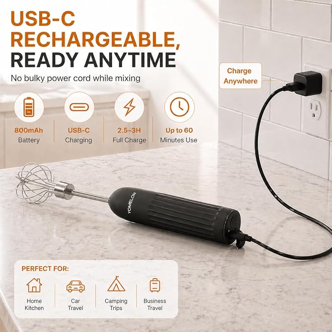 Handheld Electric Egg Beater Whisk,2-Speed USB-C Rechargeable Portable Wireless Balloon Whisk for Eggs, Milkshake Cream, Butter, Baby Food Fruits, Sauces and Soup for Kitchen,Camping Baking-Black