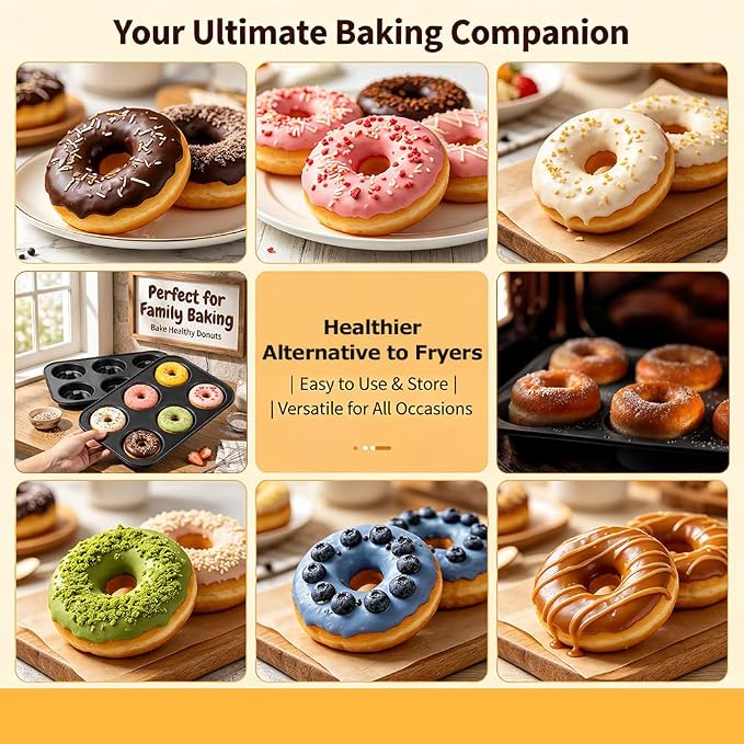 2 Pack Nonstick Donut Baking Pans, 6 Cavity Easy Steel Clean Doughnut, Oven Safe Heat Resistant, Reusable Bakeware for Making Donuts Bagels Homemade Desserts (Black, 6 Cup)