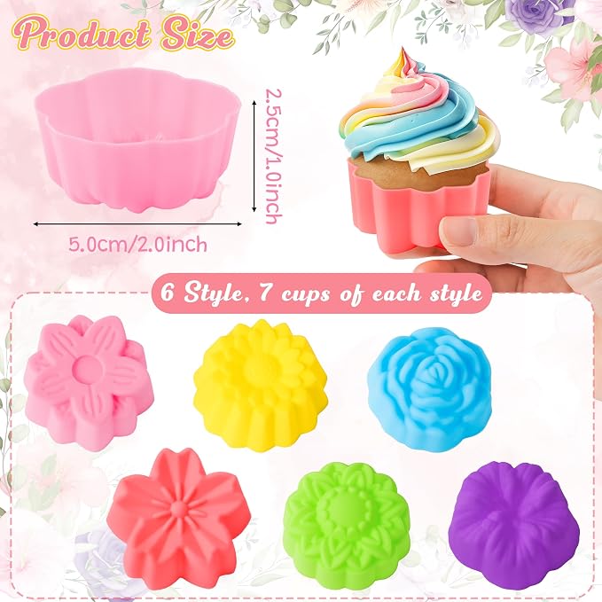 R HORSE 42 Pack Mini Silicone Cupcake Molds Multi Flower Shaped Baking Cups Non-Stick Muffin Baking Mould Washable Cupcake Cake Cup Liners Mold for Soap Dessert Pudding Donut Party Supplies