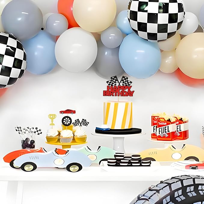 Ercadio 25Pcs Racing Car Happy Birthday Cake Toppers Checkered Flag Race Cars Wheels Cupcake Toppers Baby Shower Race Car Funny Birthday Party Decoration Supplies