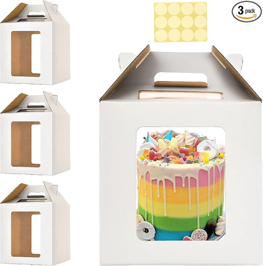 3 Pack Tall Cake Boxes for Tier Cakes,10x10x10 Inches Large Tiered Cake Carriers with Windows,8in 10in Layer Cake Box,Disposable Layer Tall Baking boxes with Handle