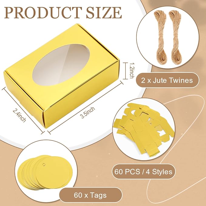 Yexiya 60 Pcs Homemade Soap Boxes 3.55 x 2.4 x 1.2 Inch Kraft Soap Box with Window Mini Gift Packaging Supplies for Homemade Bakery Candy Cookies Party Favor(Gold)