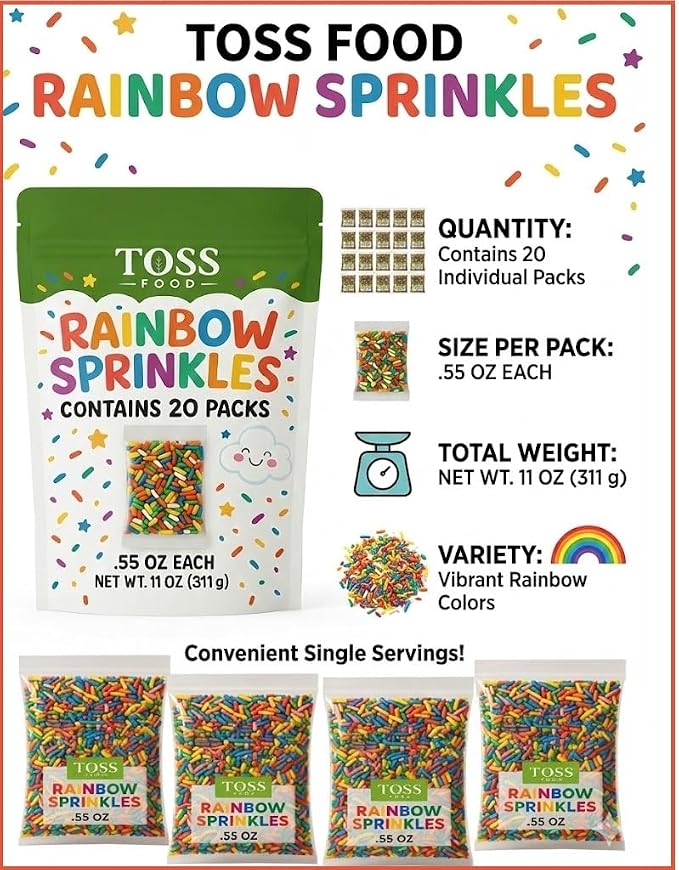 Rainbow Sprinkles in Individual Portion Packets - Ready-to-Use Colorful Sprinkles for Cake Decorating,Baking,Ice Cream Toppings for Parties - Single-Serve .55 oz Pouches (20 Count)