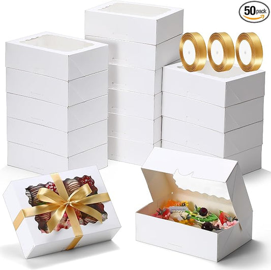 COTOPHER Auto Pop Up Cookie Box with Window 8x6x2.5 Inches – 50 Pack White Bakery Boxes with Gold Ribbon for Birthday Party Favors, Wedding, Christmas Gift Packaging for Cookies, Candy, Macarons