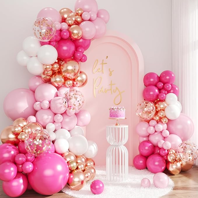 Hot Pink Balloon Arch Kit, 143Pcs Pink Gold Balloons Macaron Pink White Rose Gold Balloon Garland Arch Kit Confetti Balloons for Birthday Wedding Baby Shower Gender Reveal Galentines Day Decorations