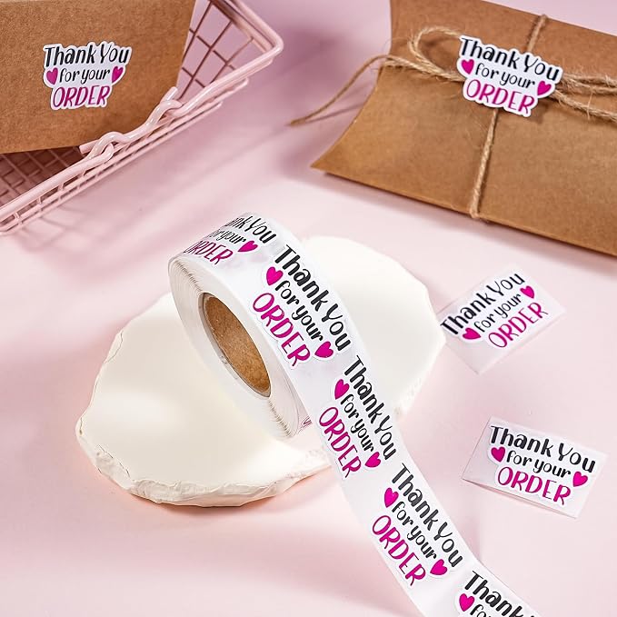 WRAPAHOLIC 1.8 x 1.1 Inch, 500 Total Business Stickers Roll - Black Rose Pink Thank You for Your Order Text Design, Thank You Lables, Shipping Stickers for Party Decorations