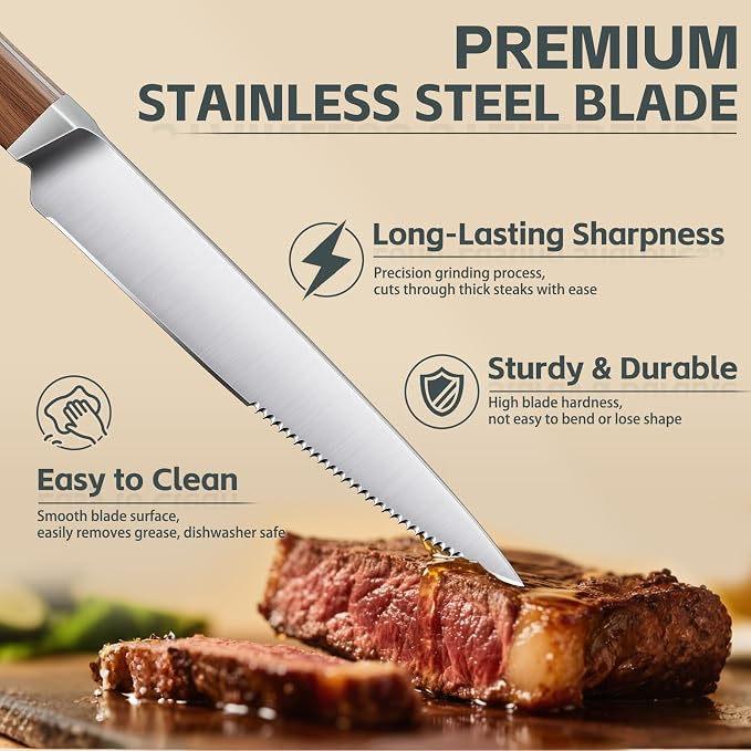 Purple Dragon Serrated Steak Knives Set of 4 - High Carbon German Steel Steak Knife Set with Square Wooden Handle - Effortless Cutting - Christmas Gift for Men and Women
