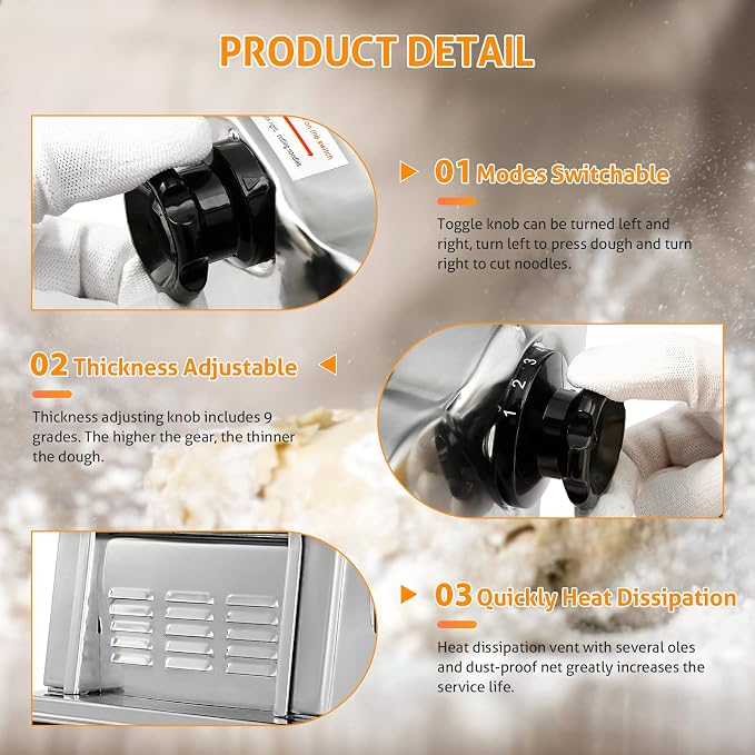 WICHEMI Electric Pasta Maker 3 IN1 Pasta Roller Automatic Noodle Maker 135W | Electric Pasta Maker Machine, Pasta Dough Roller, Food Grade Stainless Steel, Making 2.5mm Round Noodle, 4mm/9mm Flat Noodle