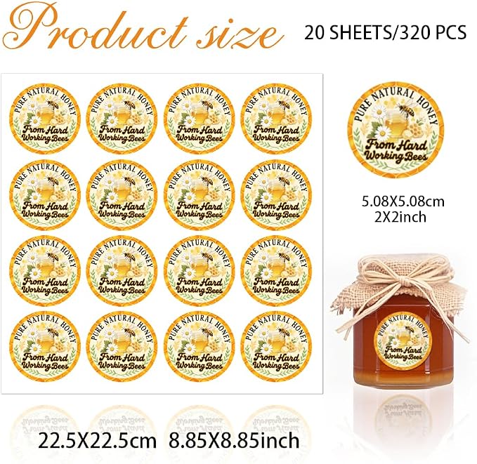 320 Pcs Honey Bee Stickers, Pure Natural Honey Stickers from Hand Working Bees Sticker Waterproof Cute Bee Labels for Honey Jar Handmade Honey Soap Supplies, 2 Inch