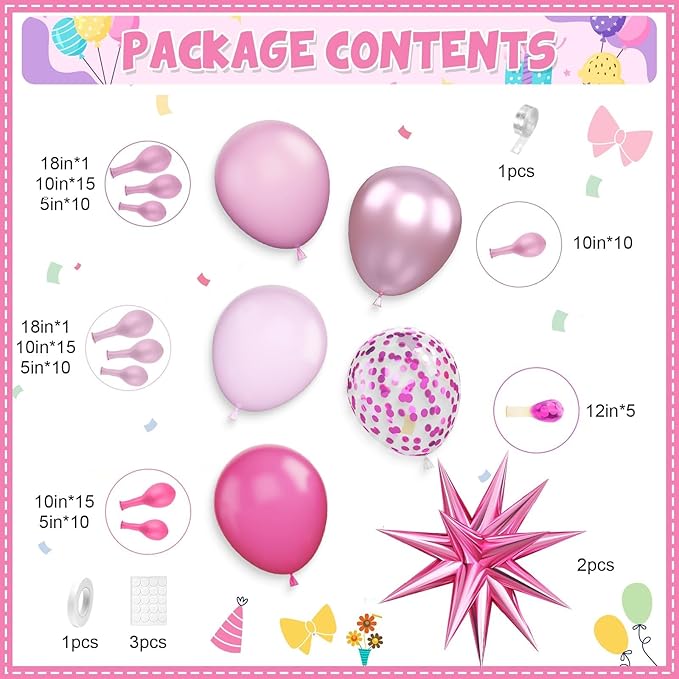 Pink Balloon Garland Arch Kit with Star Foil Balloons, Metallic Pink Matt pink Hot pink Pastel pink Balloons Arch Kit for Girls Women Birthday Wedding Baby Shower Princess Theme Party Decorations