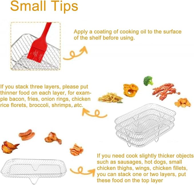 3 Layer Rectangle Air Fryer Rack Roasting Rack Fryer Cooling Tray Stackable Dehydrator Racks Rectangle Airfryer Basket Tray Mesh Roasting Racks Airfryer Accessories (Rectangle)