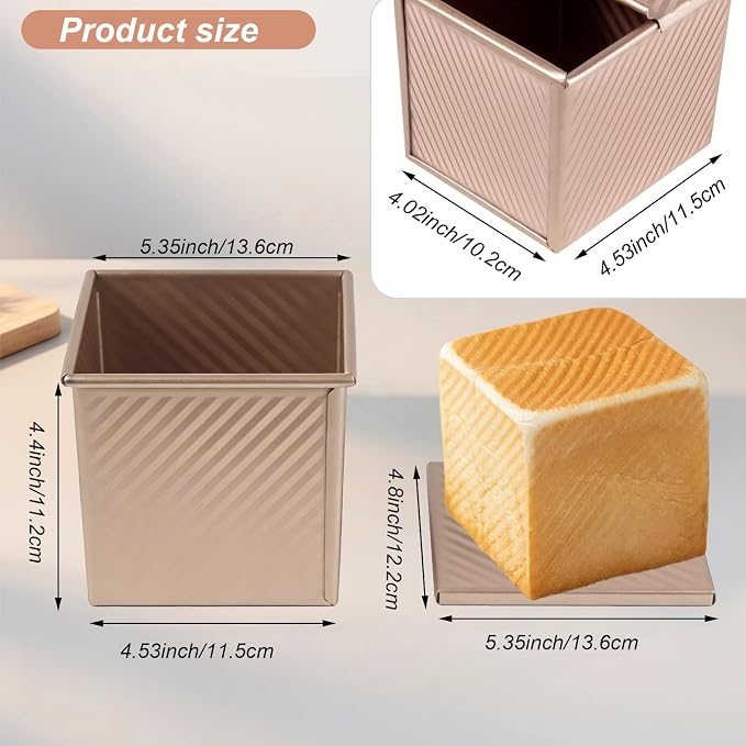 Mini Pullman Loaf Pan with Lid 2-Pack, 4 Inch Square Bread Pan Set of 2, Non-Stick Carbon Steel Baking Pans for Small Batch Homemade Bread