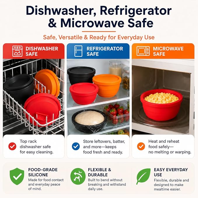 3 PCS Silicone Bowl Liners Compatible with KitchenAid 5Qt Tilt-Head Stand Mixer, Food Grade Collapsible Bowl Inserts with Airtight Lids, Foldable & Reusable Mixer Accessories for Baking