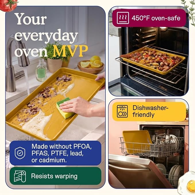 Great Jones Holy Sheet Pan (Mustard) | Nonstick, Half-Sheet Pan | Aluminized Steel, 18.5" x 13.5" | For Baking, Roasting, & Broiling | Premium Bakeware with Even Heat Distribution | Dishwasher-Safe