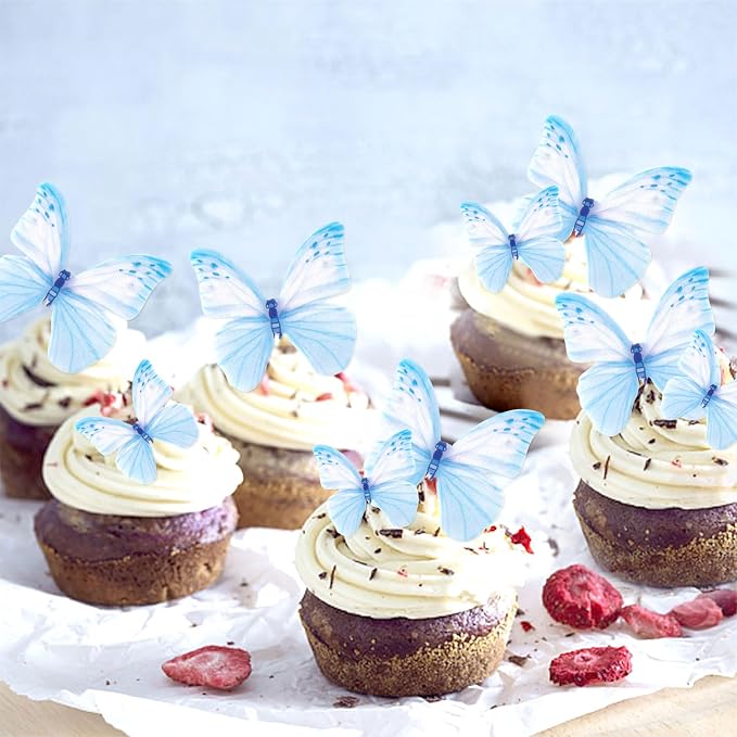 60Pcs Edible Butterfly Cupcake Toppers Blue Butterflies Cupcake Picks Drink Toppers for Butterfly Theme Baby Shower Girls Boys Birthday Party Birdal Shower Engagement Wedding Party Decorations