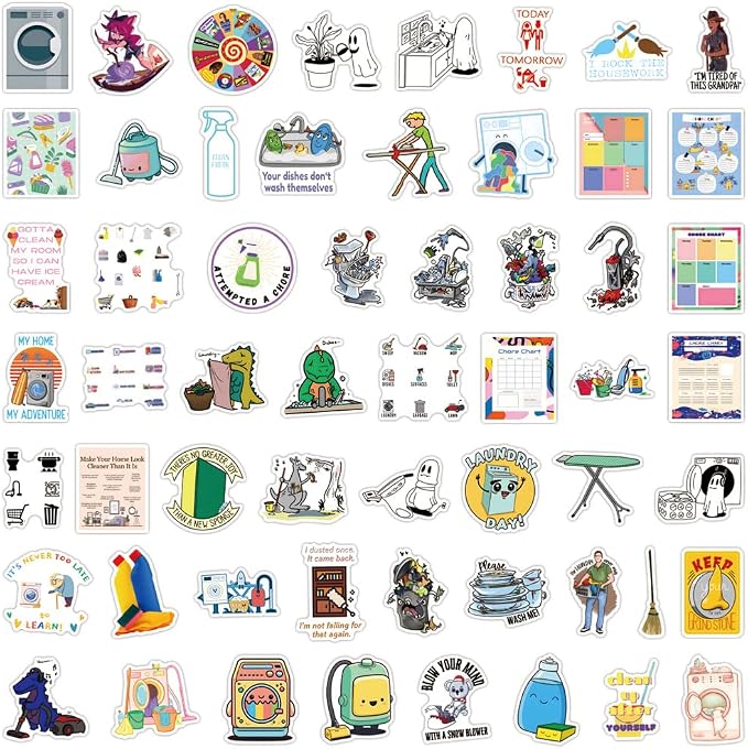 55Pcs Cleaning Chore Stickers, Funny Household Vinyl Decals for Planners, Journals, Water Bottles, Laptops, and DIY Decor (Chore)
