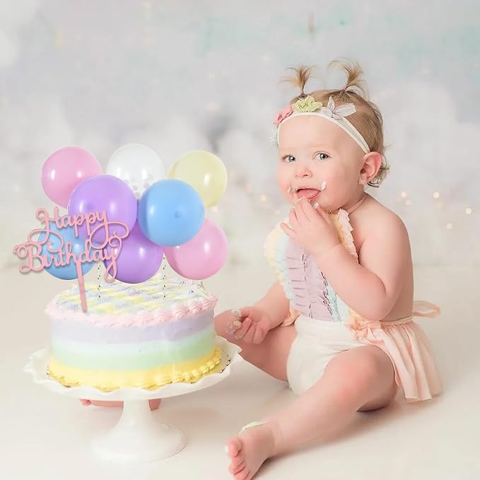 BEISHIDA Happy Birthday Cupcake Toppers - Pastel Mini Balloon Cloud Birthday Cake Decorations for Baby Shower Wedding Anniversary Supplies