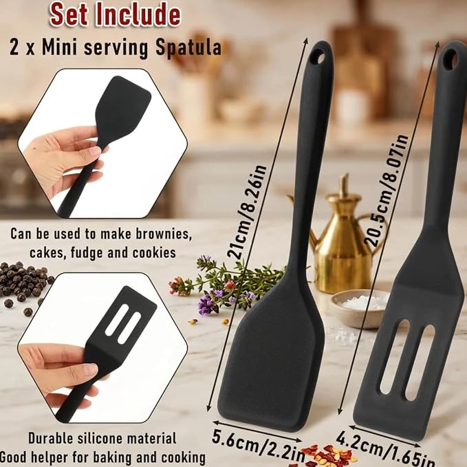 Mini Serving Spatula 2pcs set, Silicone Serve Turner Heat-Resistant Cookie Slotted Spatula, For Kitchen Cooking. (Black)