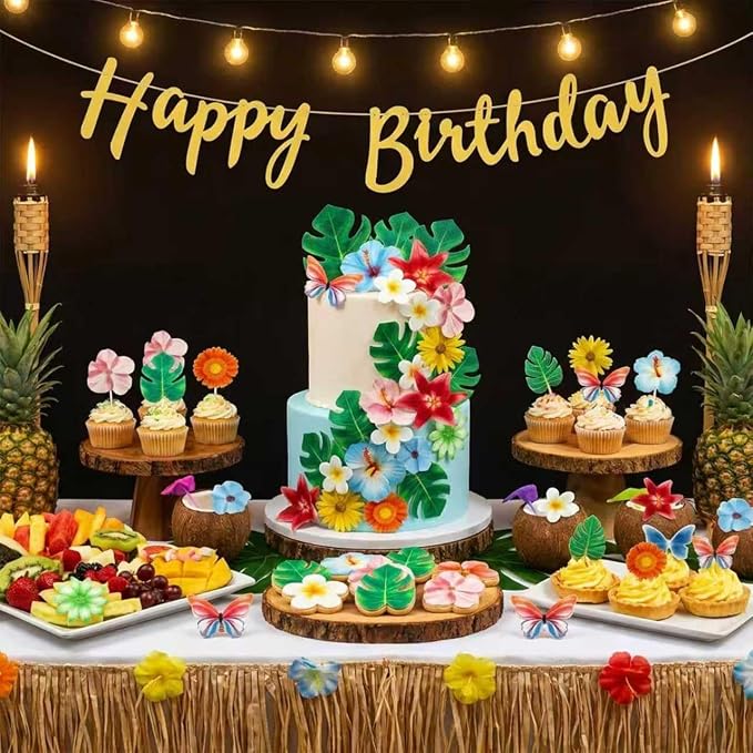 54 Pcs Edible Flowers Cupcake Cake Toppers Decorations Wafer Paper Green Leaf & Tropical Flower for for Hawaiian Birthday Tropical Luau Summer Party Wedding