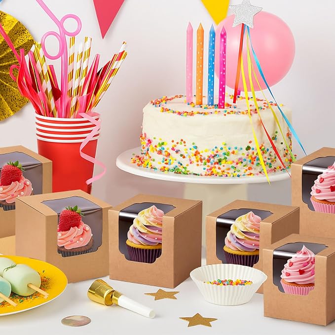 VGOODALL 20PCS Cupcake Boxes, 3.5"x3.5"x3.5" Individual Cupcake Containers Pre-Assembled Containers with Window and Inserts for Wedding Baby Shower Birthday Party Supplies