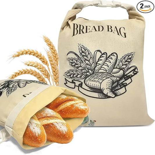 Reusable Beeswax Bread Bags, 2-Pack 13"×17" Linen Bread Bags, Washable & Freezer-Friendly Food Storage Cloth for Sourdough, Homemade Bread – Preserves Freshness (Beige)