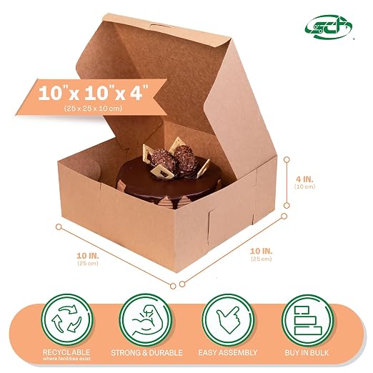 SCT Kraft One-Piece Non-Window Bakery Boxes, 10 x 10 x 4, Brown, Paper, 100/Bundle