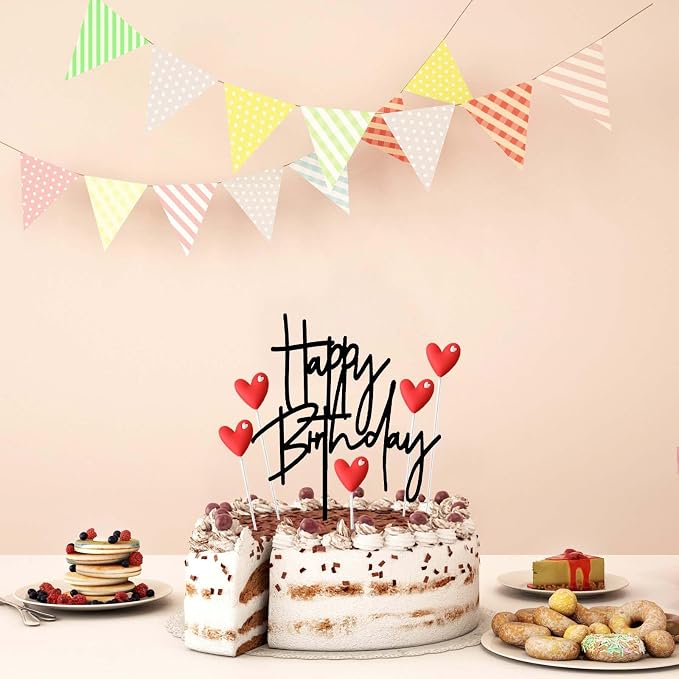 ZHENGYE Set of 1 Acrylic Black Happy Birthday Cake Topper Sign And 5 Red Love Cake Toppers Baby Shower Birthday Party Cake Decorations(Black 25)